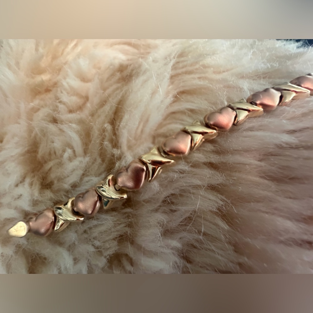 10K Solid Gold X & Heart Link Bracelet Two Tone Rose Gold 7” with Gift Box - Picture 9 of 16